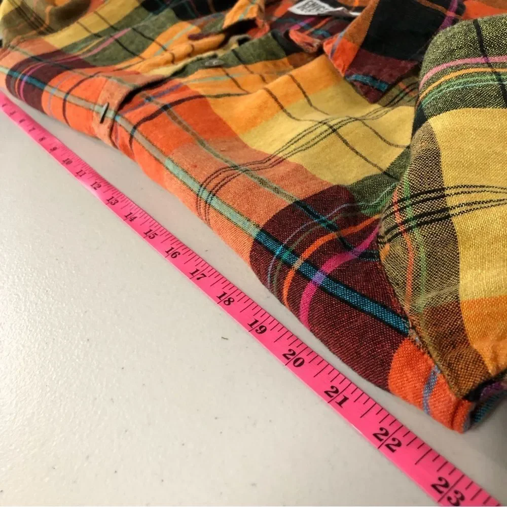 Vtg Chico’s Shirt Womens Large 100% Linen‎ Orange Plaid Button Front 3/4 Sleeve